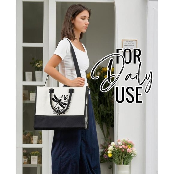 Canvas Tote Bag with Zipper and Shoulder Strap for Women, Stylish and Durable